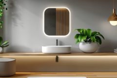 Modern Minimalist Bathroom with Single White Sink and Mirror, Clean and Sleek Design in High Resolution